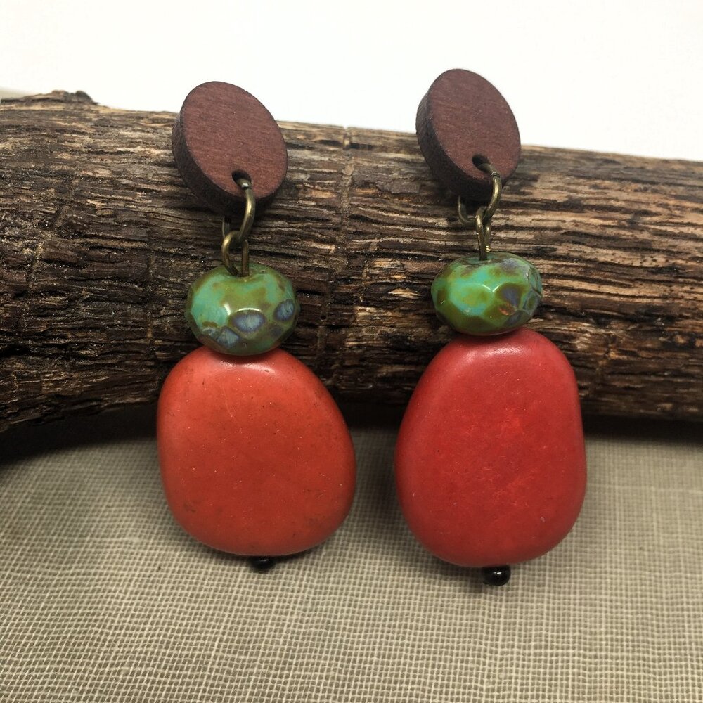 Brick Red Fava Bean Shape Mint Green Picasso Finish Bead Wood Oval Stud Earrings